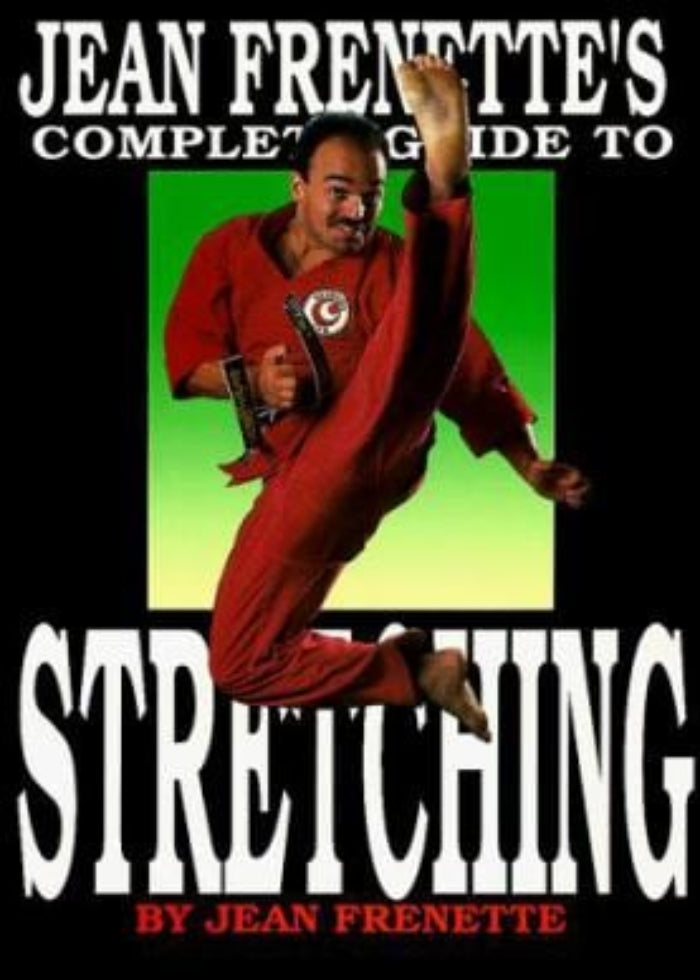 Book cover of 'Jean Frenette's Complete Guide to Stretching' with a person in red clothing on a green background.