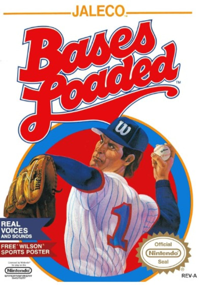 Vintage video game box for 'Bases Loaded' by Jaleco featuring a baseball player on the cover.