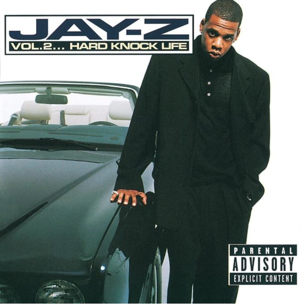 Album cover of 'Jay-Z Vol. 2... Hard Knock Life' with a person leaning against a car.