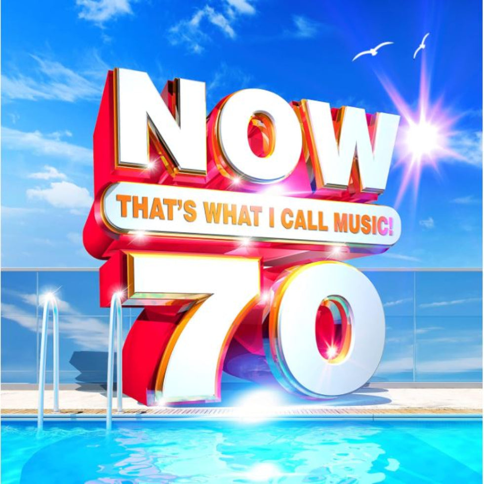Promotional graphic for 'NOW That's What I Call Music! 70' with a pool and sky background.