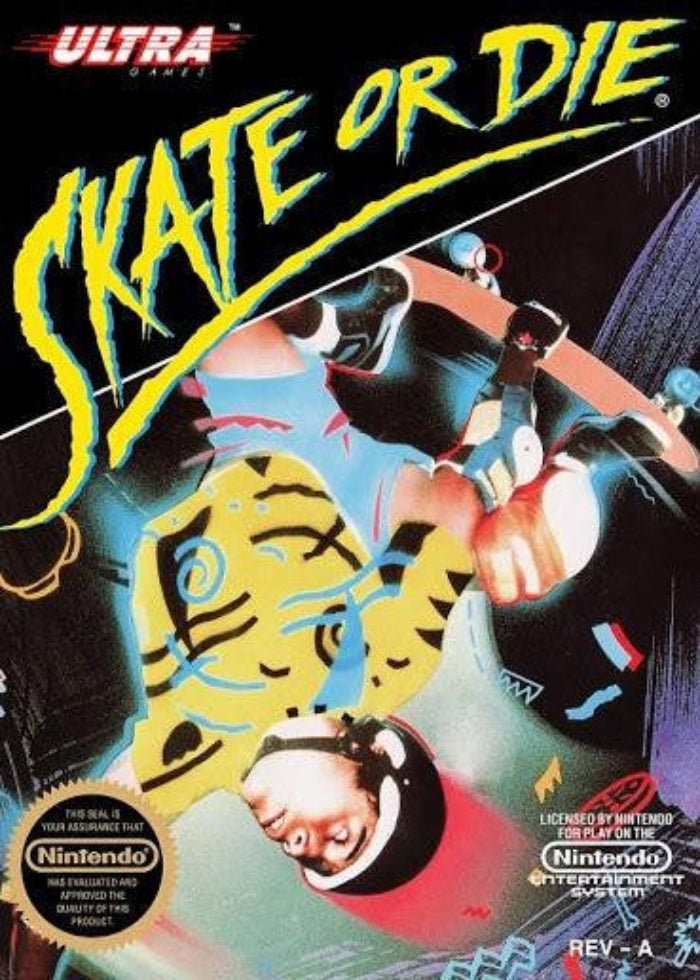 Vintage 'Skate or Die' game box with stylized graphics and 'Ultra Games' branding.