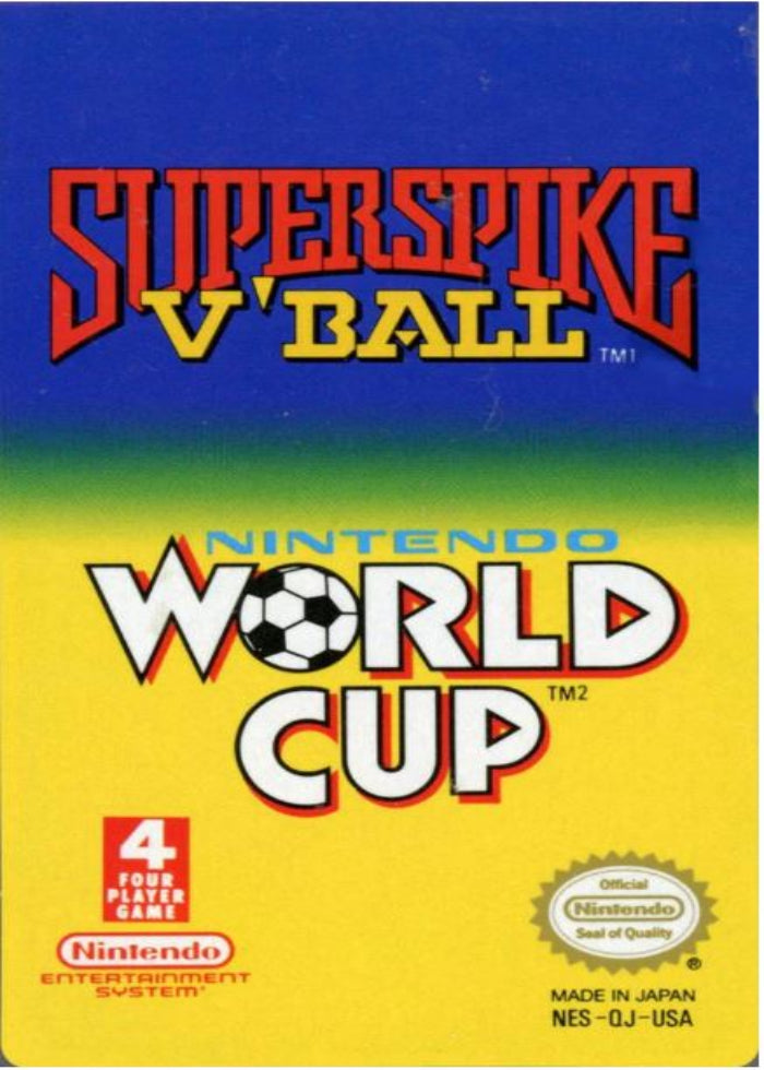 Two Nintendo game cartridges, 'Superspike V'Ball' and 'Nintendo World Cup', on a blue and yellow background.