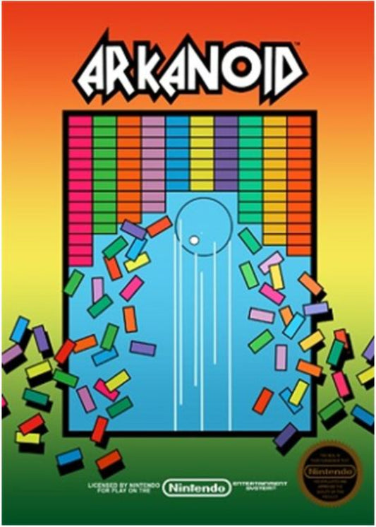 Arkanoid game box with colorful bricks and 'Nintendo' logo on an orange and green background