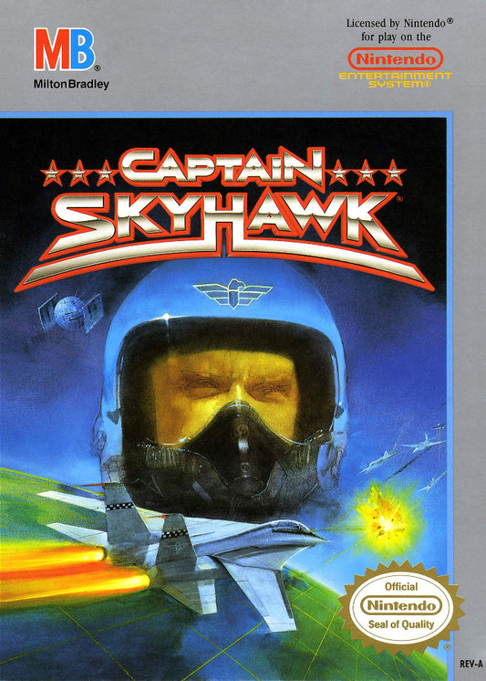 Capcom Captain Skyhawk video game cover featuring a pilot in a helmet with a space background.