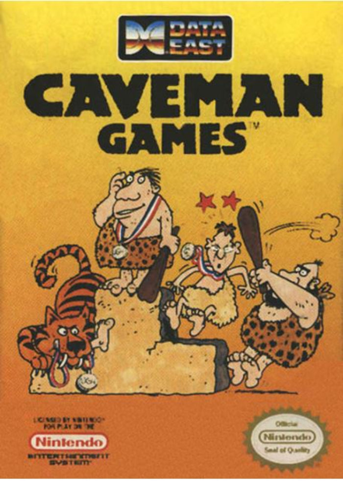 Caveman Games video game box with Data East and Nintendo logos on a yellow background