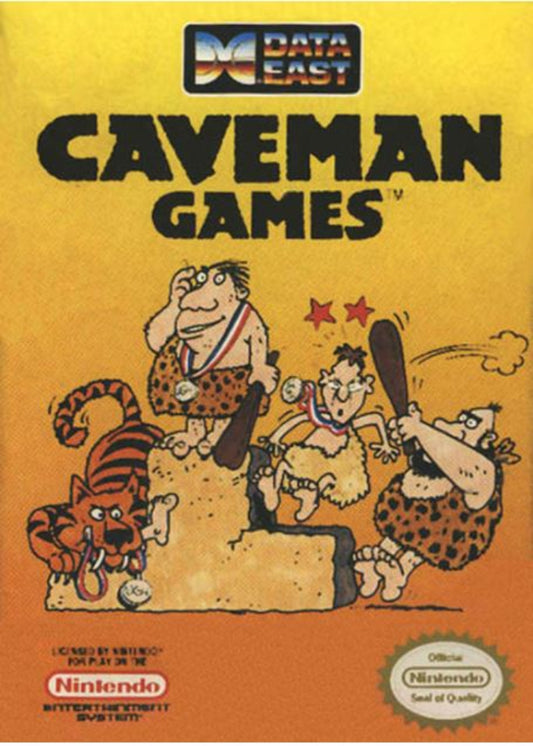 Caveman Games video game box with Data East and Nintendo logos on a yellow background