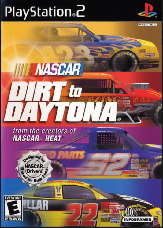 PlayStation 2 game cover for 'NASCAR Dirt to Daytona' featuring race cars and branding.
