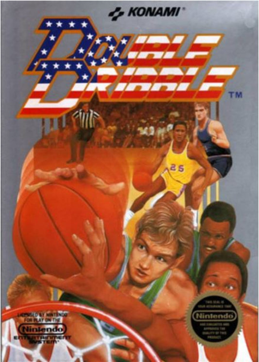 Vintage video game cover for 'Double Dribble' by Konami featuring basketball players and a referee.
