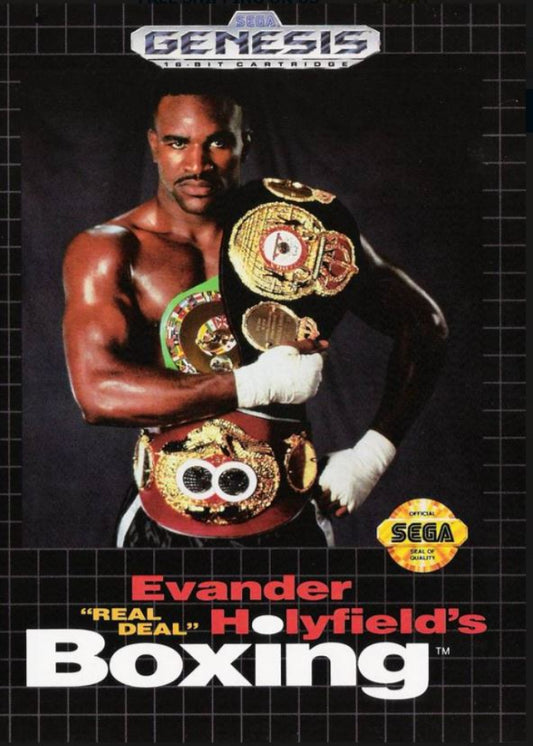 Box art for 'Evander Holyfield's Boxing' featuring a boxer holding championship belts.
