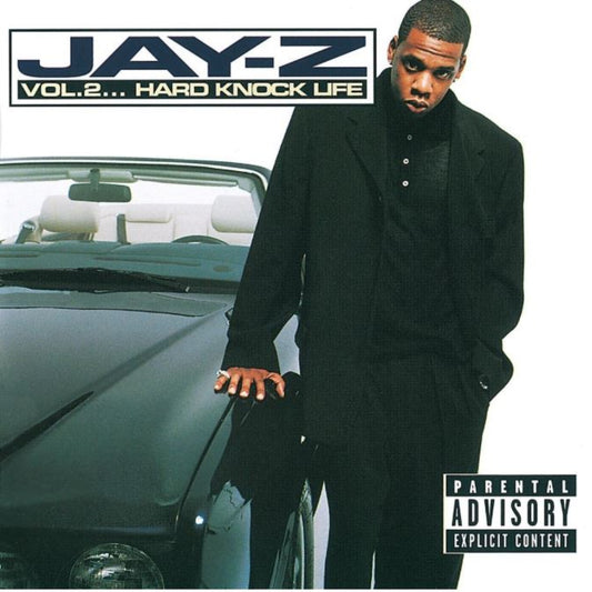 Album cover of 'Jay-Z Vol. 2... Hard Knock Life' with a person leaning against a car.