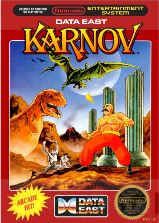 Vintage video game box for 'Karnov' by Data East on Nintendo Entertainment System with dragons and a warrior illustration.