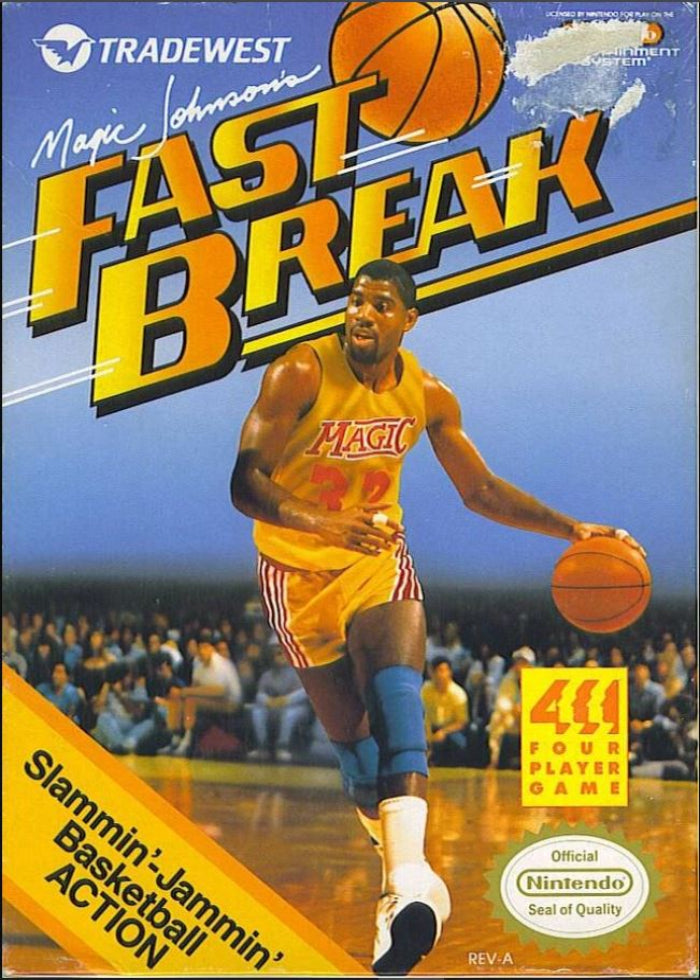 Video game box for 'Fast Break' featuring Magic Johnson, published by Tradewest.