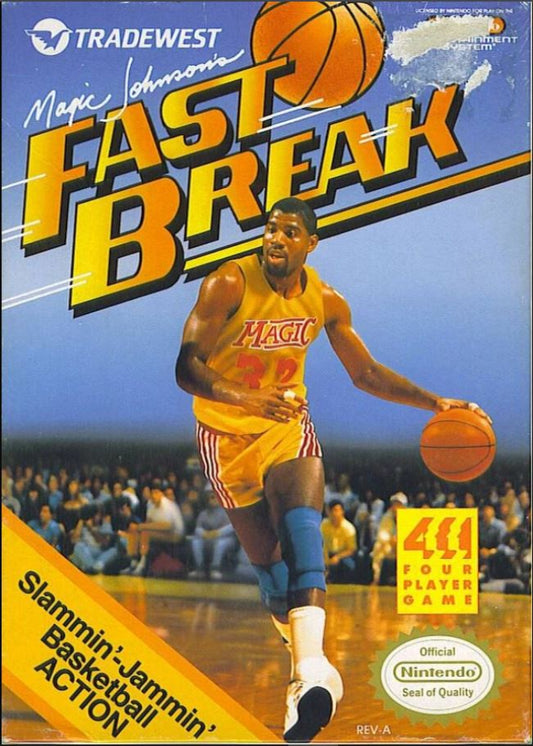 Video game box for 'Fast Break' featuring Magic Johnson, published by Tradewest.