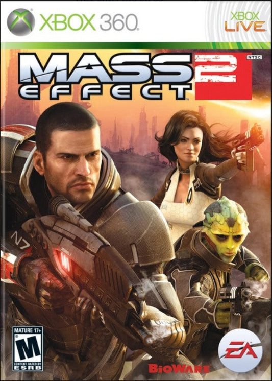 Cover of 'Mass Effect 2' for Xbox 360 with characters and EA logo.
