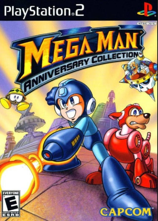 Cover of 'Mega Man Anniversary Collection' for PlayStation 2 featuring characters and Capcom logo.