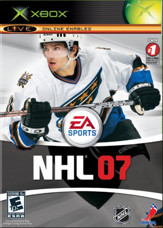 Cover of NHL 07 video game for Xbox with a hockey player and EA Sports branding.