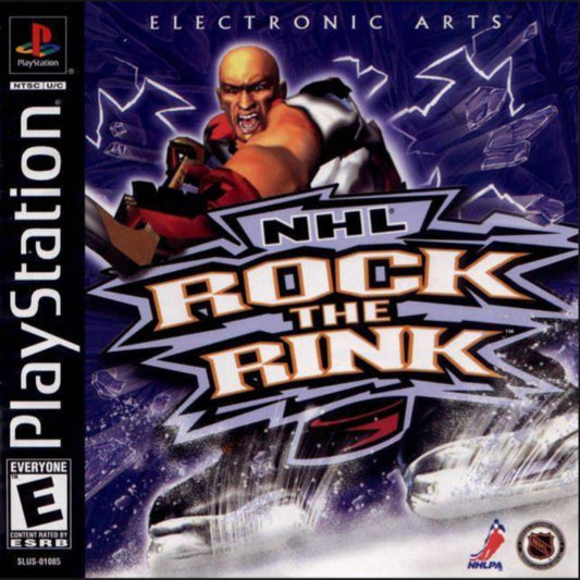Game cover for NHL Rock the Rink on PlayStation with a hockey player and NHL logos.