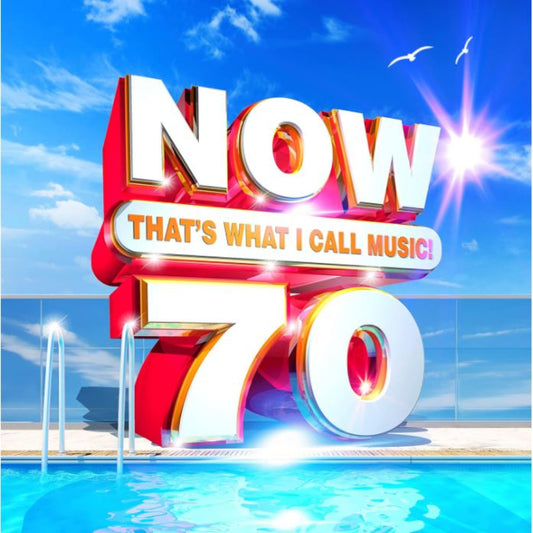 Promotional graphic for 'NOW That's What I Call Music! 70' with a pool and sky background.