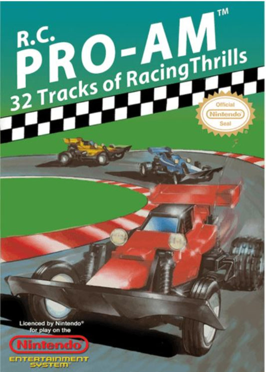 Cover of R.C. Pro-Am video game for Nintendo Entertainment System with racing cars and track.