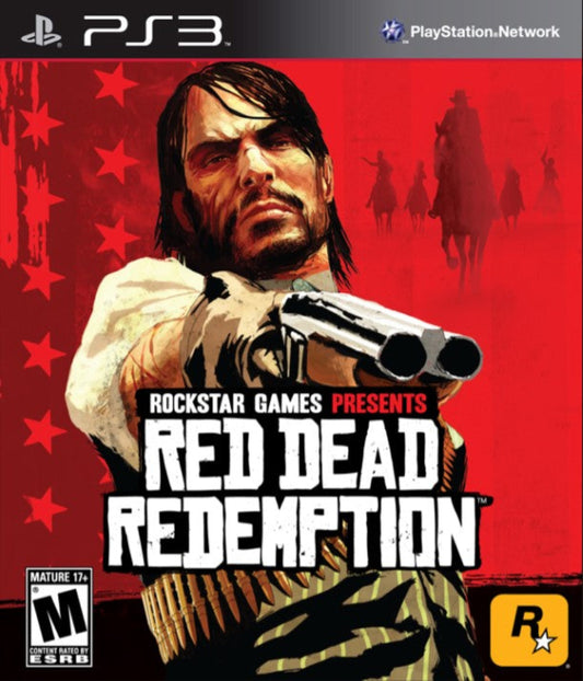 Game cover for 'Red Dead Redemption' by Rockstar Games on PS3 with a red background and character holding a gun.