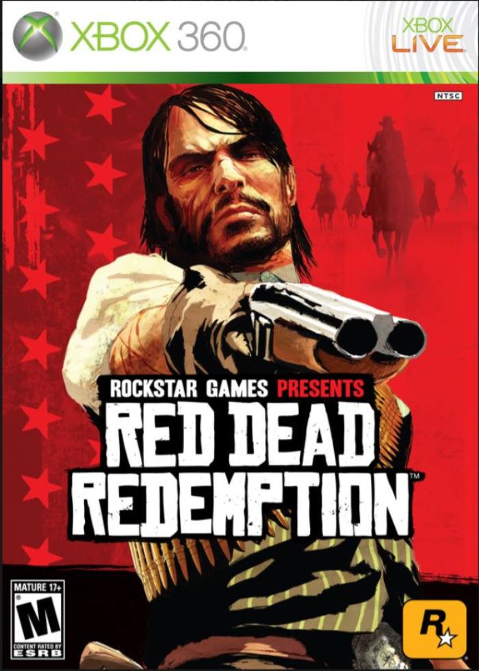 Game cover of 'Red Dead Redemption' for Xbox 360 with a red background and character holding a gun.