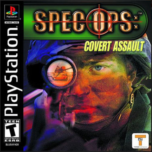 Game cover of 'Spec Ops: Covert Assault' for PlayStation with a soldier's face and scope.
