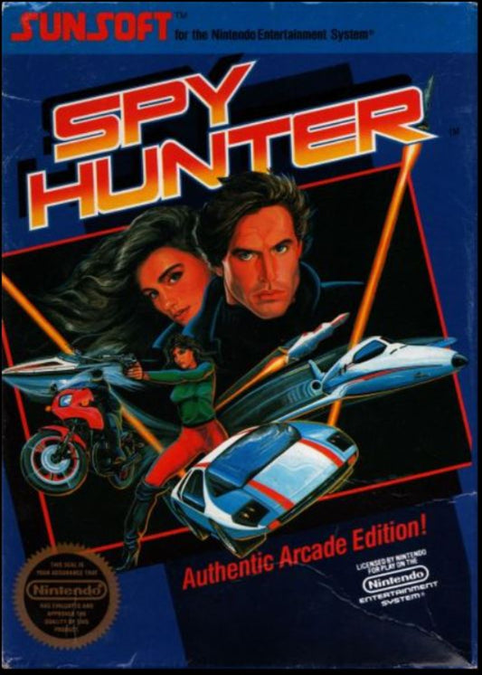 Cover of 'Spy Hunter' video game for Nintendo Entertainment System with characters and vehicles on a blue background.