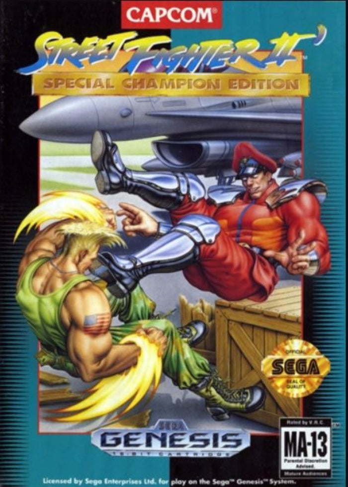 Cover of 'Street Fighter II: Special Champion Edition' for Sega Genesis with two characters in a fight scene.