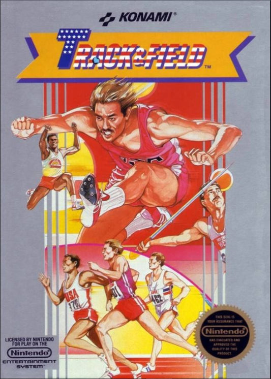 Vintage video game cover for 'Track & Field' by Konami featuring athletes in action.