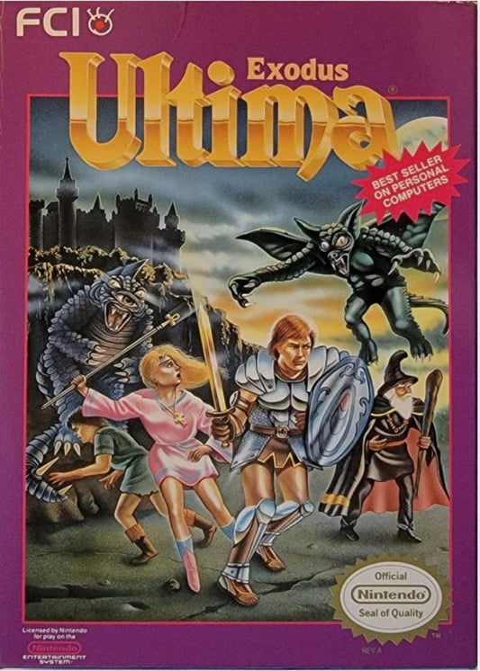 Exodus Ultima video game cover with characters and dragons on a purple background