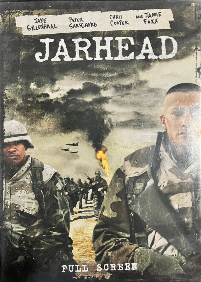 DVD cover for the movie 'Jarhead' featuring two male characters in military fatigues, with a background suggesting a desert landscape, indicative of the film's setting.
